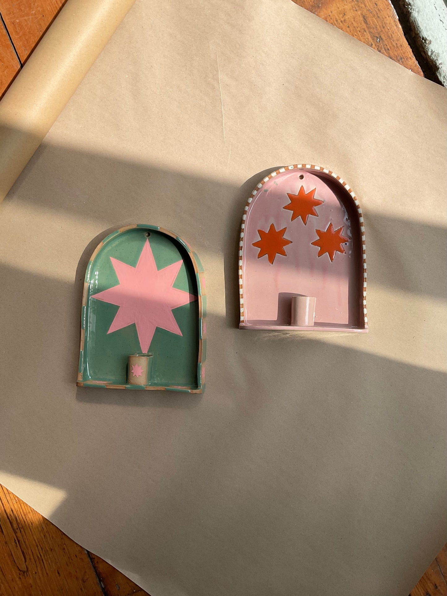 Celeste Candle Sconce, Teal & Pink
