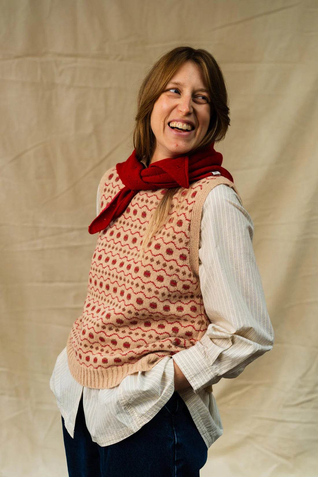 Pointelle Triangle Scarf - Red