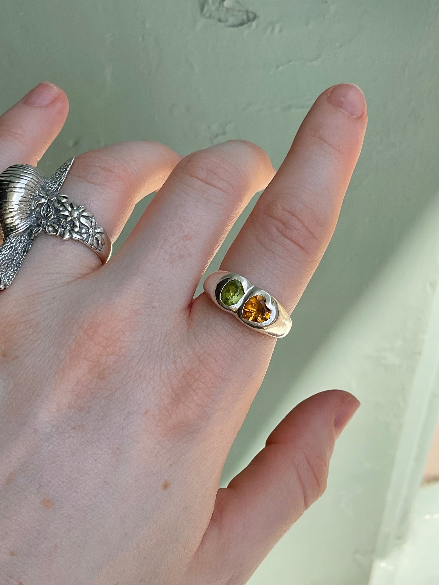 Heart duo ring, Peridot & Citrine