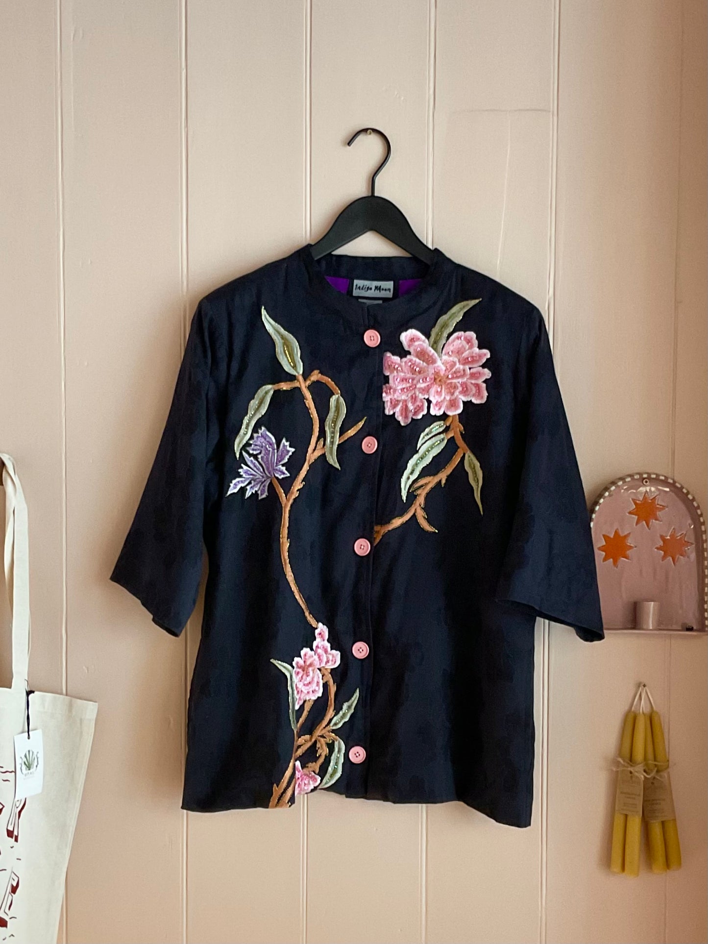 Vintage Indigo Moon Flower Appliqué Jacket