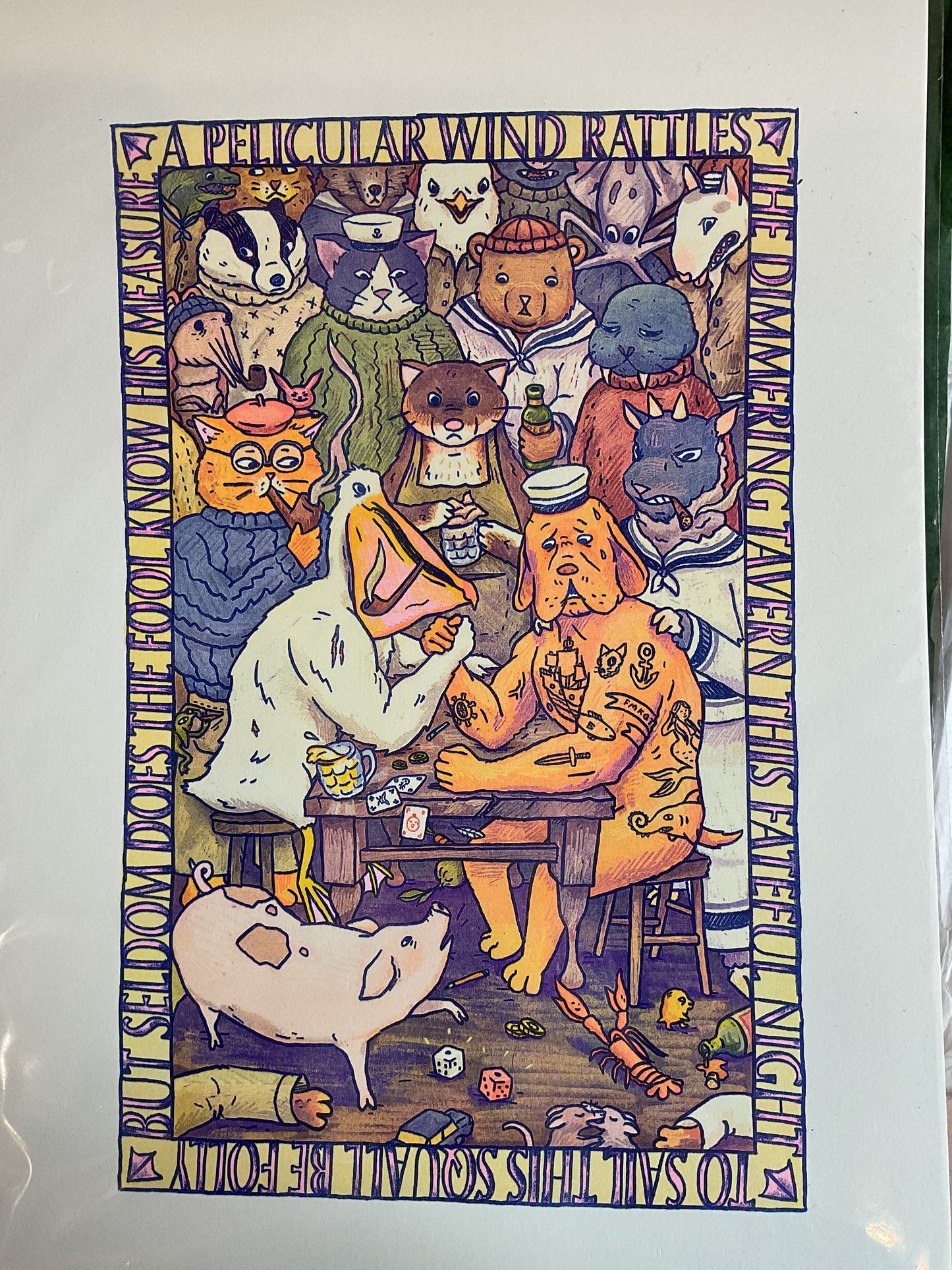 Pelican Arm Wrestle Risograph Print