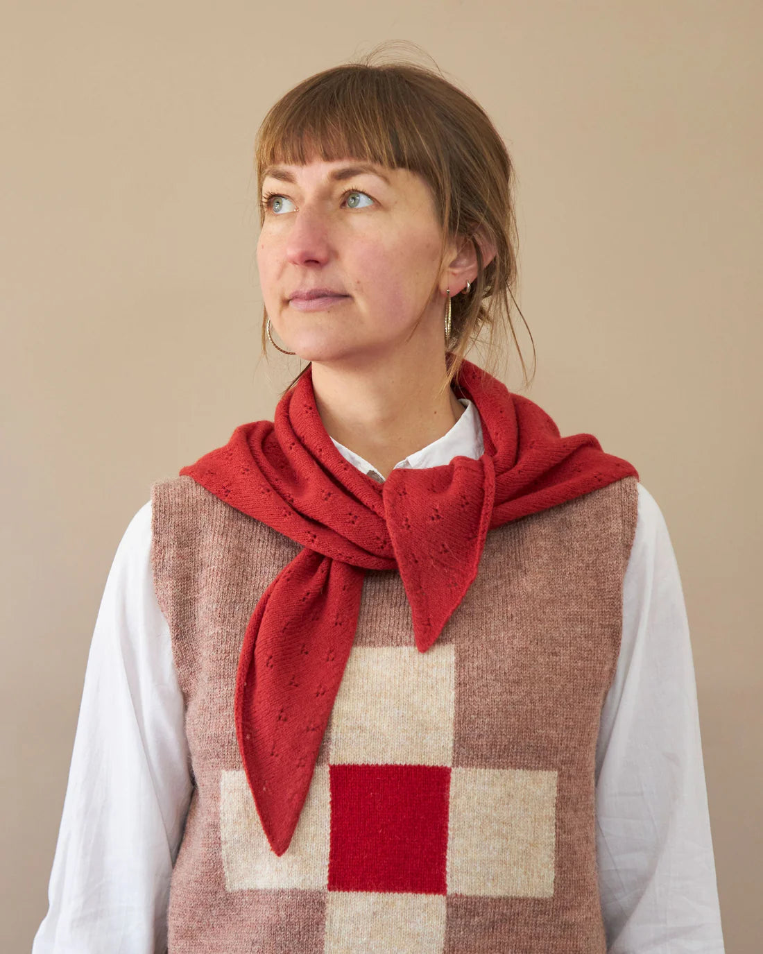 Pointelle Triangle Scarf - Red
