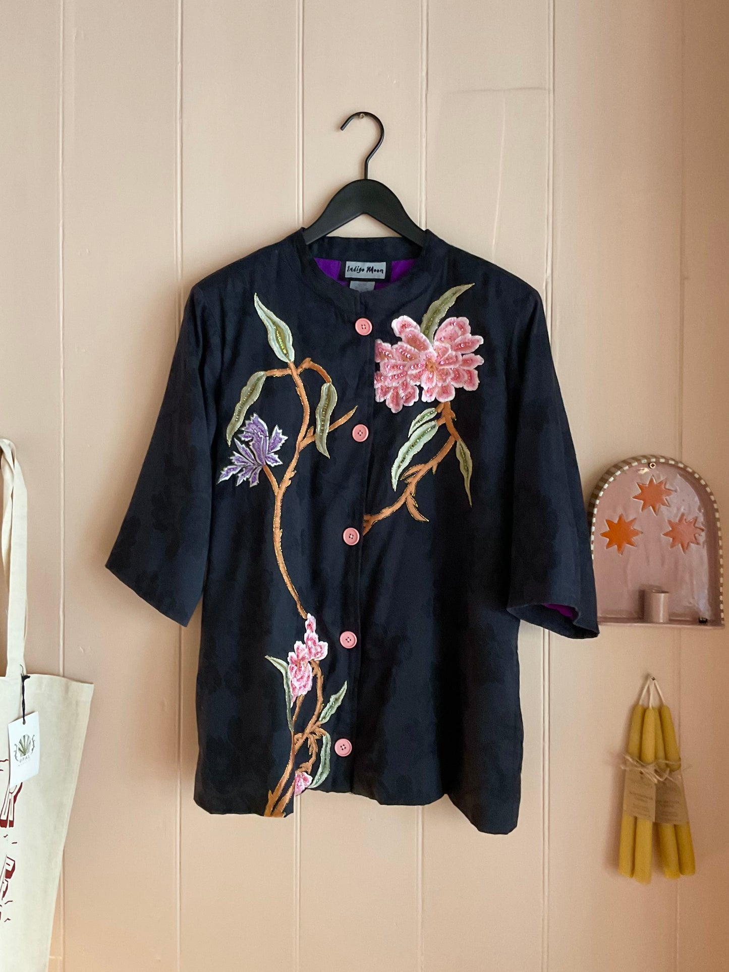Vintage Indigo Moon Flower Appliqué Jacket