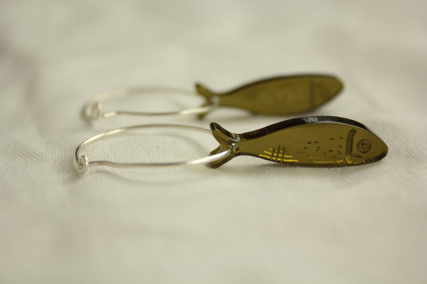 Miniature recycled fish earrings