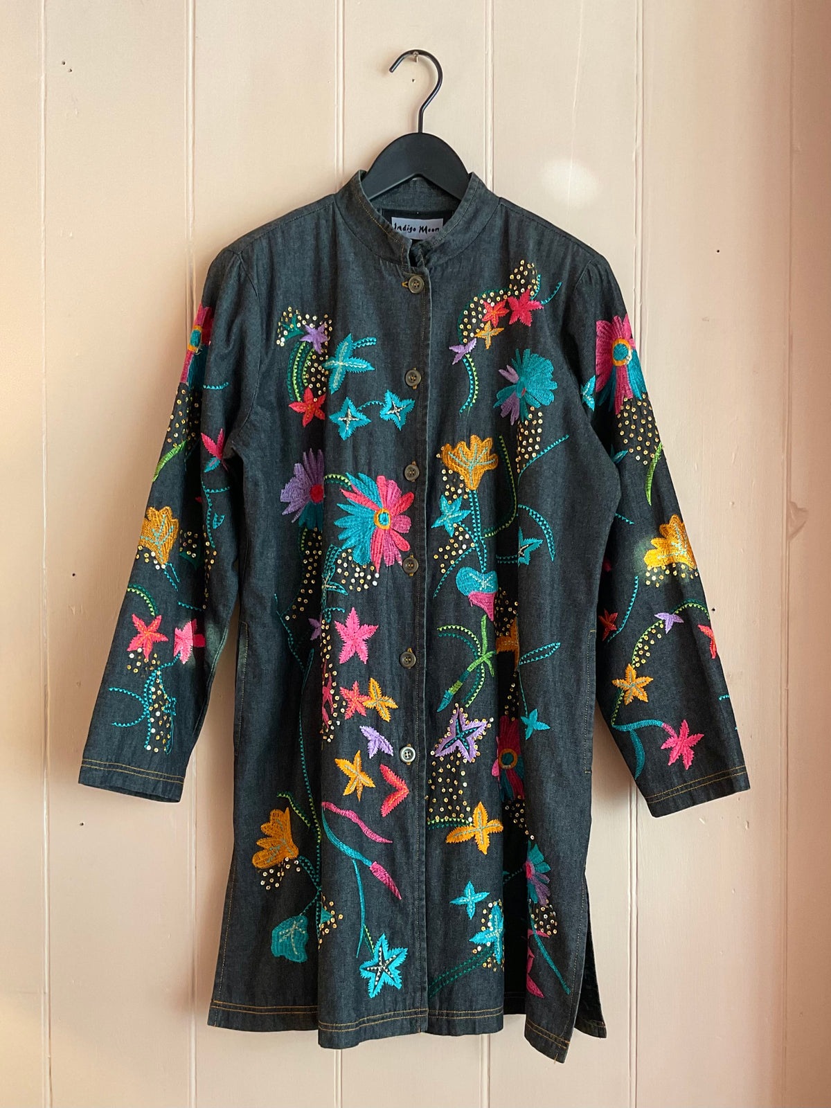 Vintage Indigo Moon, Rainbow Embroidered Jacket