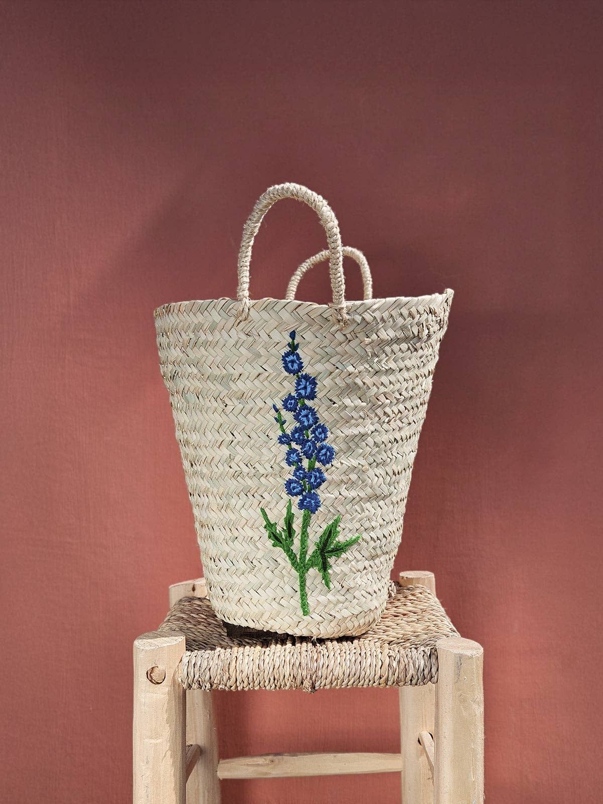 Hand Embroidered Basket, Delphinium