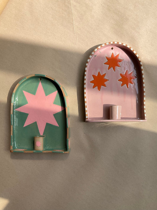 Celeste Candle Sconce, Teal & Pink