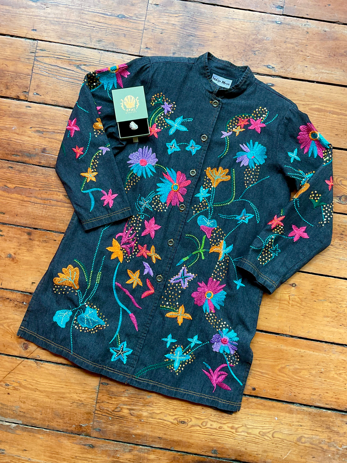 Vintage Indigo Moon, Rainbow Embroidered Jacket