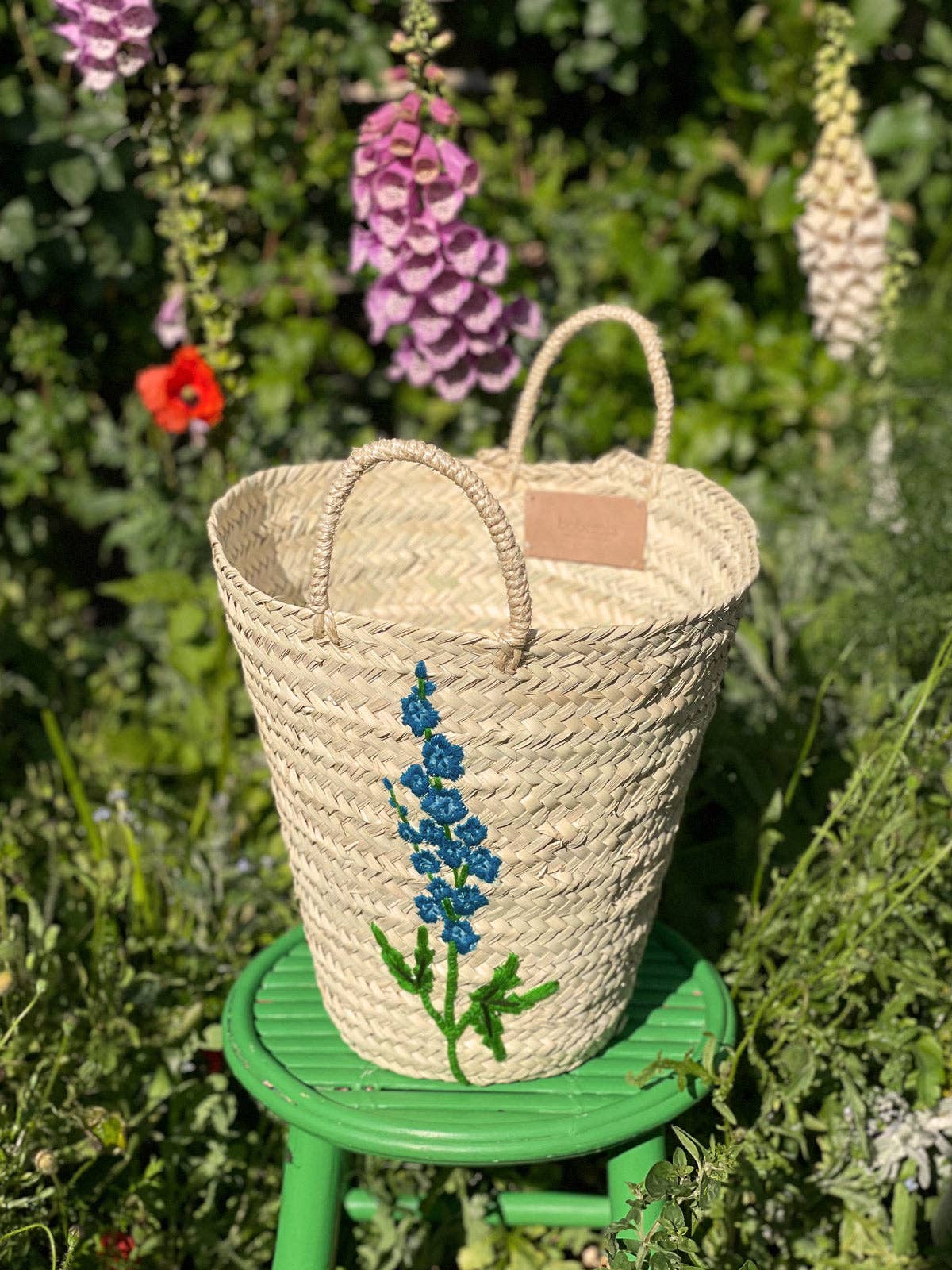 Hand Embroidered Basket, Delphinium
