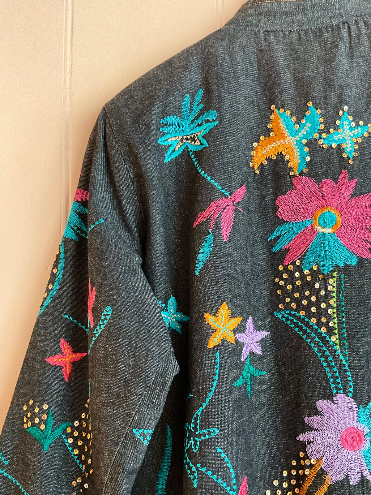 Vintage Indigo Moon, Rainbow Embroidered Jacket