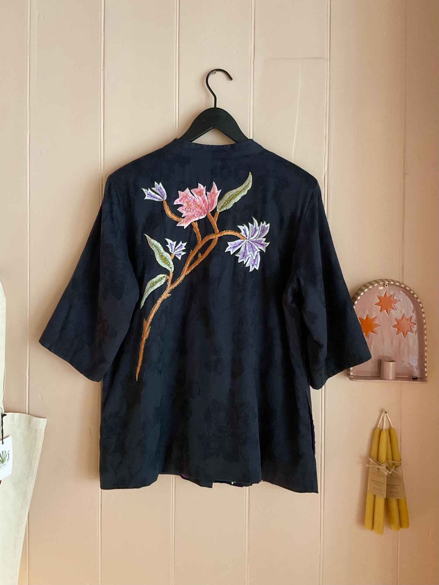 Vintage Indigo Moon Flower Appliqué Jacket
