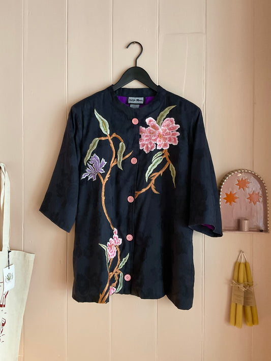 Vintage Indigo Moon Flower Appliqué Jacket