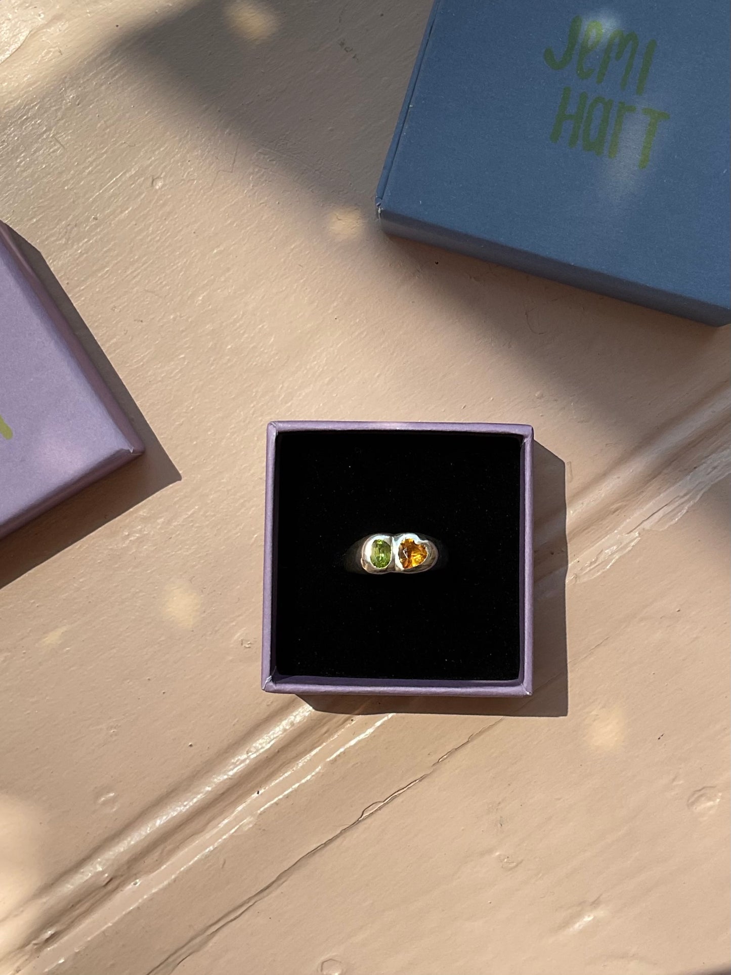 Heart duo ring, Peridot & Citrine