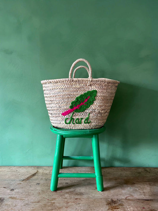 Hand Embroidered Market Basket, Chard