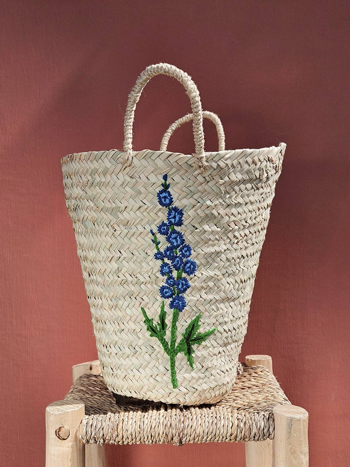 Hand Embroidered Basket, Delphinium