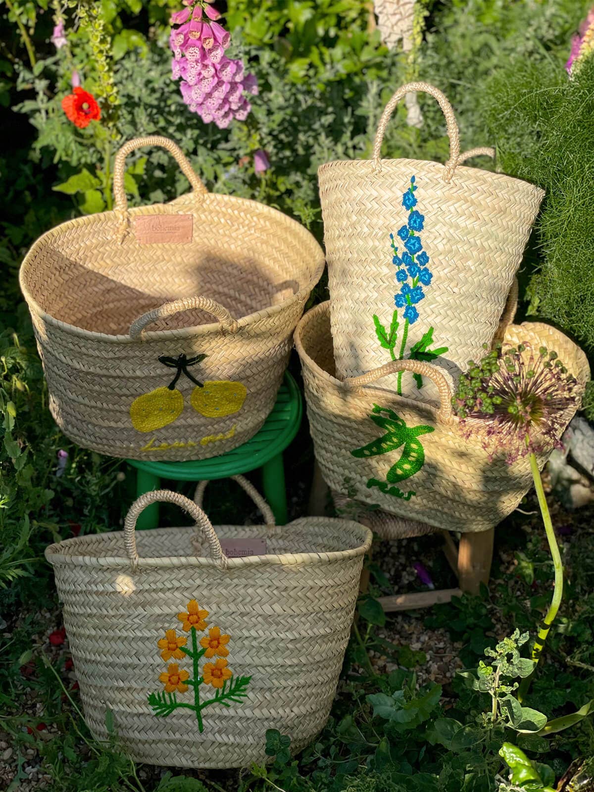 Hand Embroidered Basket, Delphinium