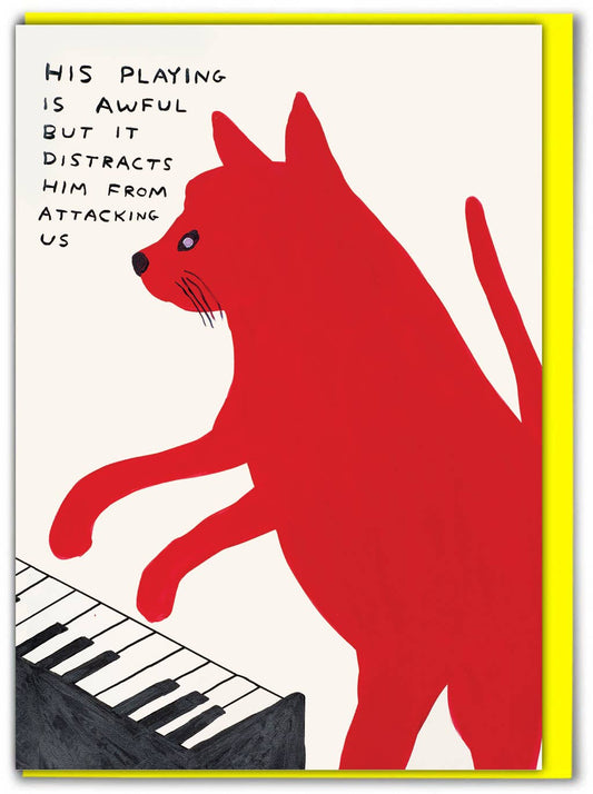 Greetings Card By David Shrigley - Piano Playing Cat